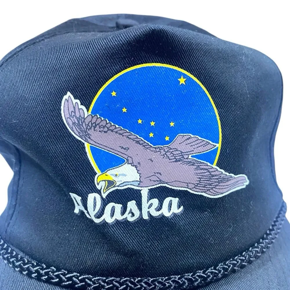Vintage 90s Alaska Trucker Hat Mesh Flying Eagle Snapback Chord Black